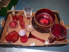 A quantity of Ruby and Cranberry glass including a goblet with a Cranberry swirl knop,
