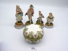 Two pairs of figurines including violin player, dancing maid and courting couple,