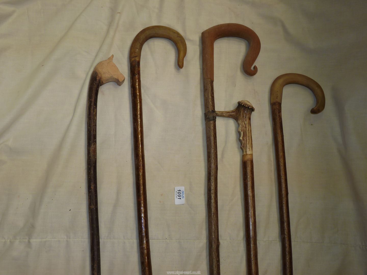 Five hand made walking sticks comprising three shepherd crooks (two having horn handle), - Image 2 of 2