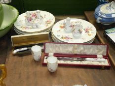Twelve Royal Crown Derby 'Derby Posies' dinner plates, egg cups, condiments, cheese knife,
