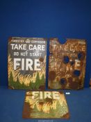 Three enamel signs by The Forestry Commission, one 15" x 13 1/2" 'Fire' with trees and flames,
