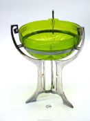A WMF Art Deco centrepiece with green glass liner, 12 1/4" tall overall, liner 8 1/2" deep.