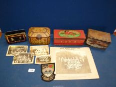 A box of old tins and Bedwas colliery photographs 1920's, etc.