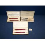 Three boxed Parker fountain and biro sets including two 'Parker 17" Lady'.