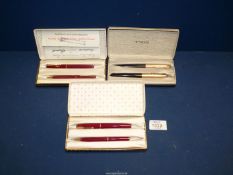 Three boxed Parker fountain and biro sets including two 'Parker 17" Lady'.