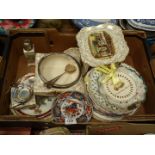 A quantity of china display and ribbon plates, Sandland ware cake stand, preserve pot, salad bowl,
