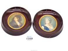 A pair of framed miniature portraits of ladies, one depicting lady with pearls in her hair,