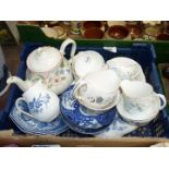 A quantity of cups, saucers, cake plate, teapot including Wedgwood, Adderley, etc.
