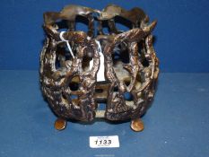 An interesting openwork heavy cast iron and copper Planter featuring elves in woodland scene,