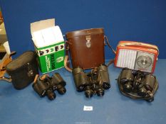 Three pairs of cased Binoculars including Tasco 8 x 30, Helios 8 x 30 and Skybolt 10 x 50,