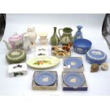 A quantity of china including blue and green Wedgwood Jasperware pin dishes, trinket pots, jug' etc.