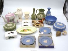 A quantity of china including blue and green Wedgwood Jasperware pin dishes, trinket pots, jug' etc.
