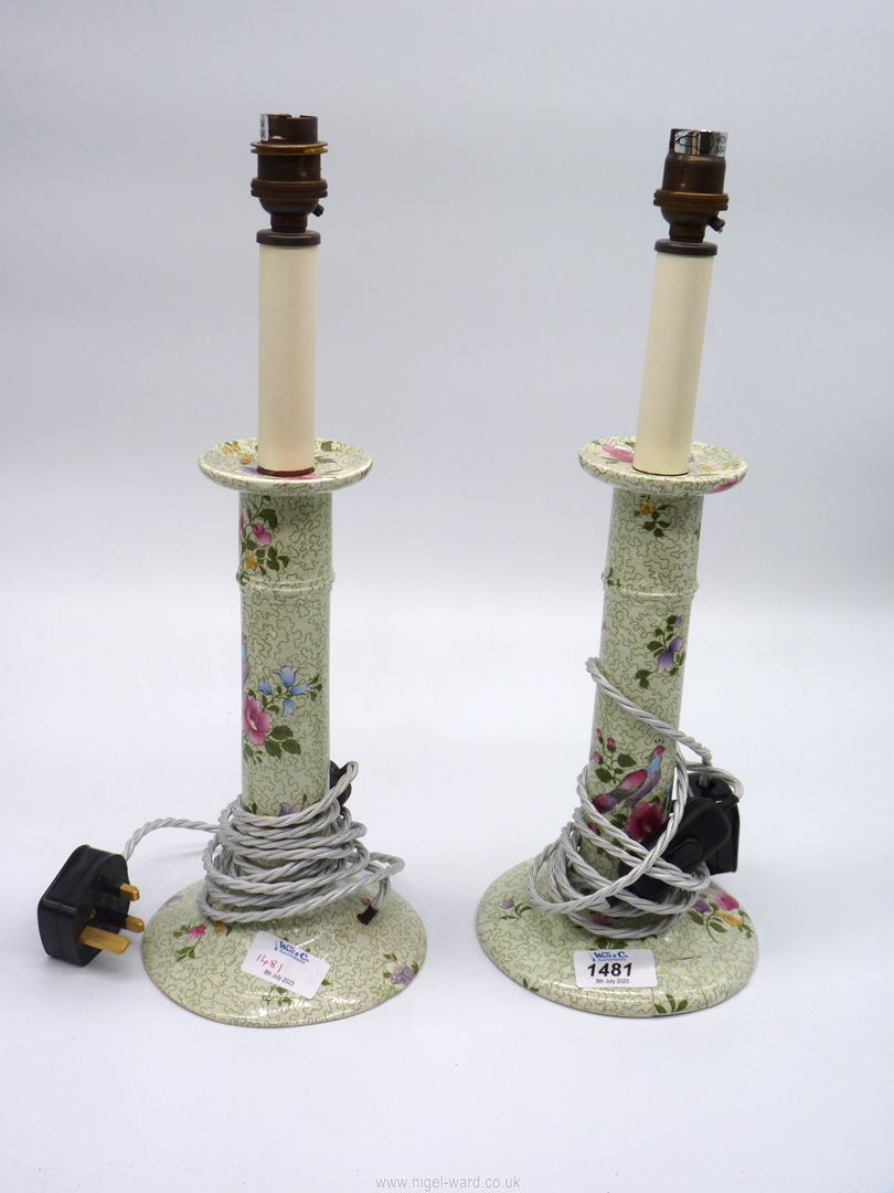 A pair of pretty Whealdonware candlesticks converted to electric table lamps,
