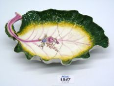 A Chelsea red anchor period leaf form dish, old stapled repairs/chips, 9 1/2" wide x 7 1/4" long.