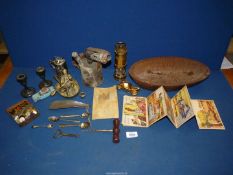 A small quantity of miscellanea including brass Davy lamp, cartoon postcards, old blowtorch,