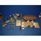 A small quantity of miscellanea including brass Davy lamp, cartoon postcards, old blowtorch,