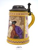 An Austrian 'Royal Vienna' lidded tankard decorated with a pub scene, impressed 804 to base.
