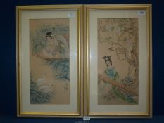 A pair of Chinese paintings on silk of ladies with musical instruments in outdoor settings,