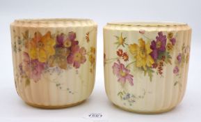 An impressive pair of Royal Worcester blush ivory Fern jars having ribbed decoration and painted