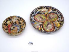 Two Spanish glass plates by Jose Cire Royo, hand painted with human figures and fabulous beasts,
