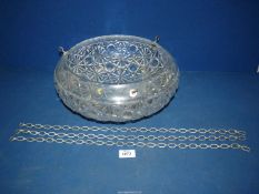 A large clear cut glass ceiling shade with three hook attachments, 14" diameter x 6" high.