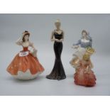 Four porcelain figures including Coalport Lady of Fashion, Royal Doulton 'Rose' (repair to head),
