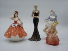 Four porcelain figures including Coalport Lady of Fashion, Royal Doulton 'Rose' (repair to head),