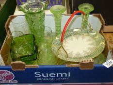 A quantity of glass including green pressed dressing table set, one trinket dish (cracked),