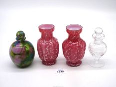 A pair of Stevens & Williams style circa 1890 pink with clear glass casing vases having vertical