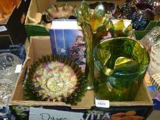 A quantity of Carnival glass including large green jug with grape vine pattern,