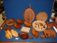 A quantity of treen including bowls, tray, trinket box, fruit bowl and pipe, etc.