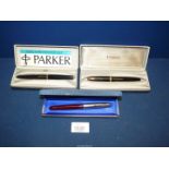 Three boxed Parker pens, one with 14k nib.