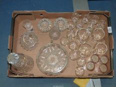 A quantity of glass including cut glass decanter, lidded bowl, trifle bowl, brandy,