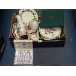 A quantity of china including a boxed Portmeirion pastry forks and a sweet peas pattern Wall Plate,
