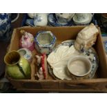 A quantity of china including Carltonware plate, cherub plaque, crinoline lady trinket pot, etc.