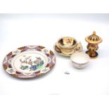 An 18th century Newhall tea bowl and small quantity of 19th century china including Spode plate
