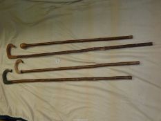Four hand made walking sticks comprising shepherd crooks, sheep horn, knob handle, etc.