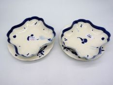 Two Caughley dishes in quatrefoil shape with incomplete decoration plus two similar plates.