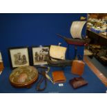 A quantity of miscellanea including a sailor in a rocking boat, crewel work footstool,