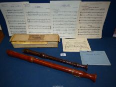 A boxed Schott's wooden concert Tenor Recorder, also Dolmetsch Treble Recorder and recorder music.