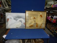 An unframed Oil on board depicting a pair of swans,