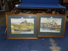 A pair of framed and mounted ink and watercolour canal scenes, both signed Winsor Grimes,