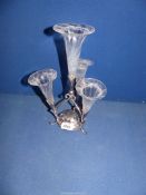 A James Dixon & Sons silver plated Epergne complete with glass trumpets [one a/f], 12" tall.