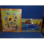 Two wooden framed Oils on canvas, one of a still life of Sunflowers, the other of a sailing boat.