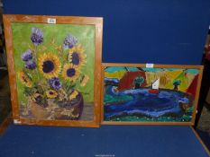 Two wooden framed Oils on canvas, one of a still life of Sunflowers, the other of a sailing boat.