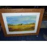 A large wooden framed Print of a Country landscape, indistinctly signed lower right, 32" x 24 3/4".