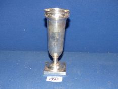 A Silver vase with swag details to rim standing on a square shape base, Birmingham 1920,