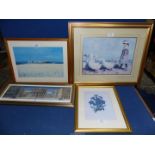 Four Prints to include scene of Tuscan village, Gentian blue flowers, 'Veduta di Citta Ideale' no.