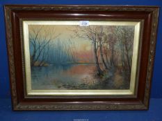A framed and glazed Oil painting depicting Two figures walking riverside path at sunset,