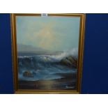 A 20th century Oil on canvas of Nordic coastal scene with lapping waves on rocks and seagulls,